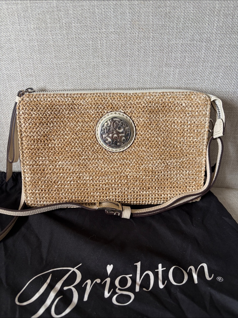 Brighton Contempo Straw Pouch Natural White Straw Clutch Crossbody w/ Dust Bag